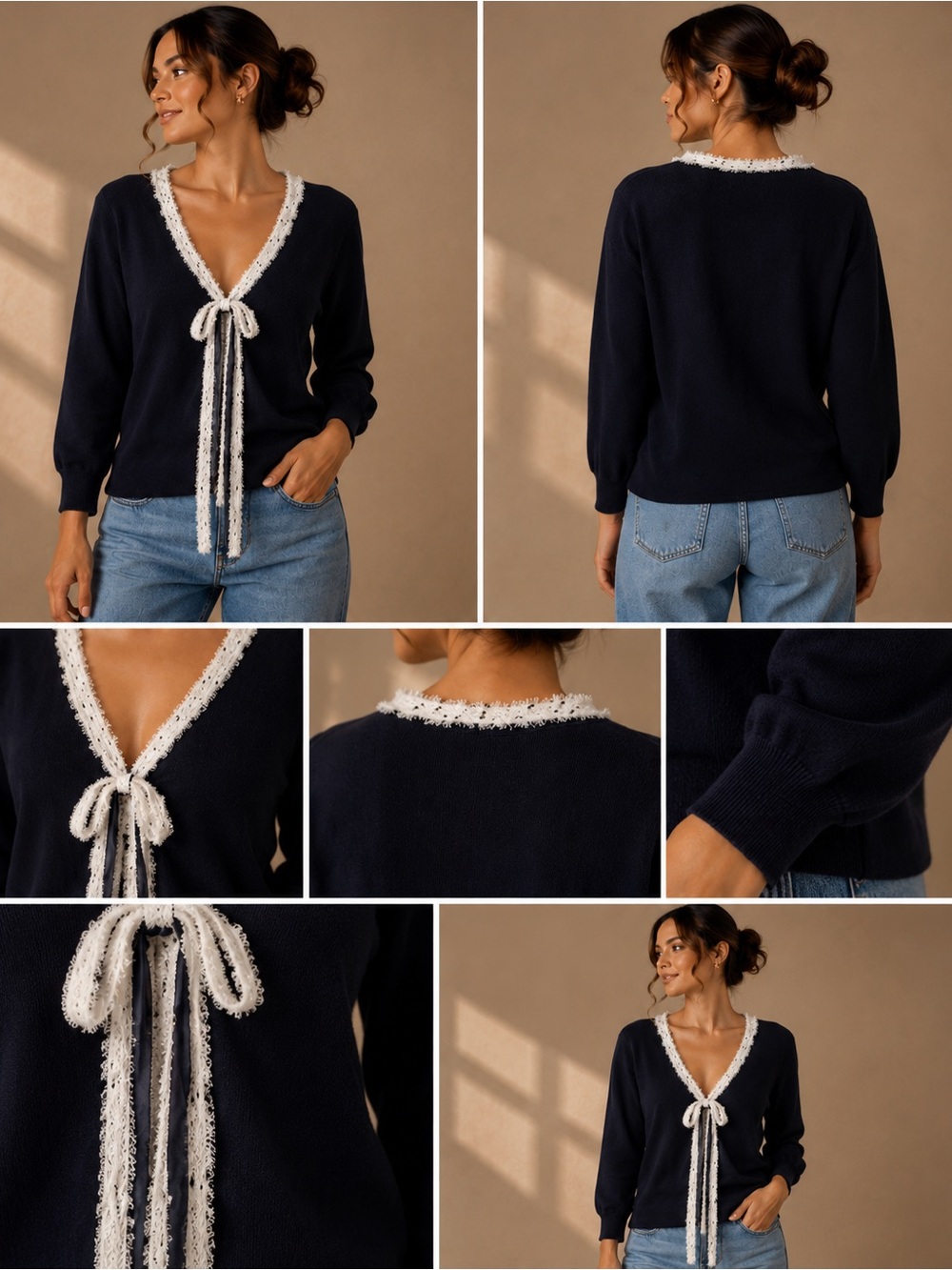 Oscar De La Renta Cashmere Blend Bow Accent Pullover Sweater Navy Blue Large